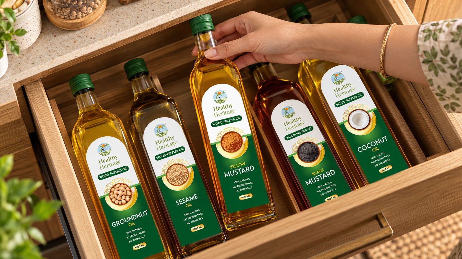 healthy heritage wood-pressed oil packaging design