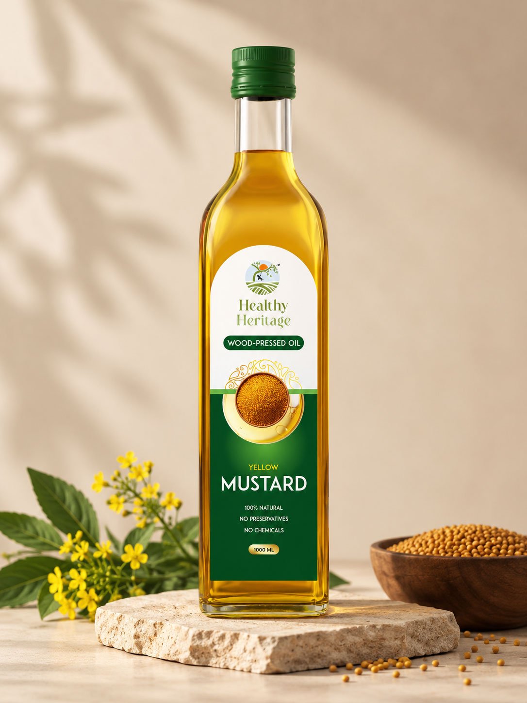 healthy heritage yellow mustard oil packaging design