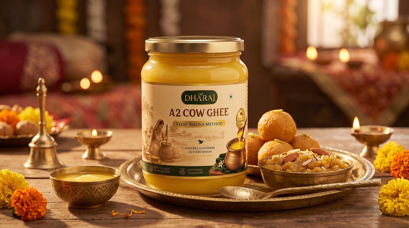 Dharaj A2 cow ghee label packaging design