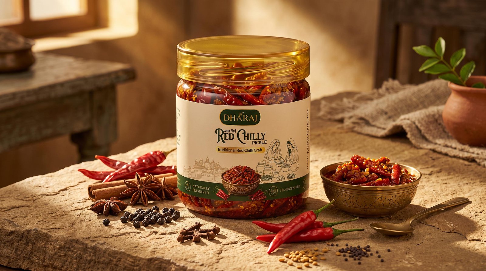 Dharaj red chilly pickle label design